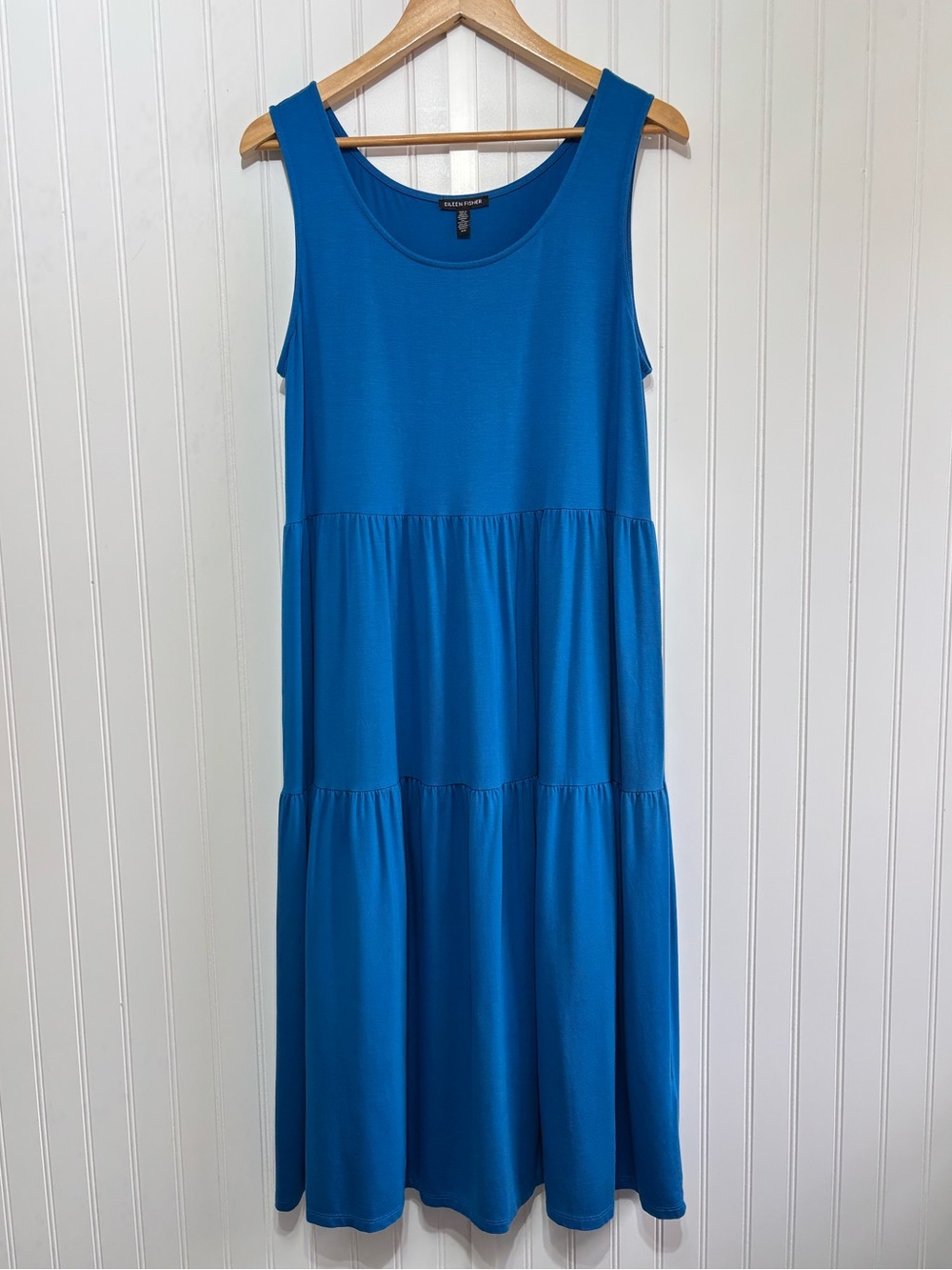 Eileen Fisher Blue Fine Jersey Sleeveless Tiered Midi Dress Tencel Size Medium